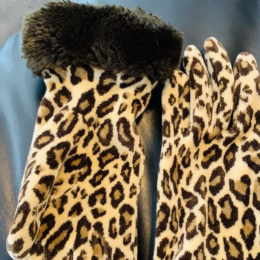 LEOPARD GLOVES WITH FAUX FUR TRIM